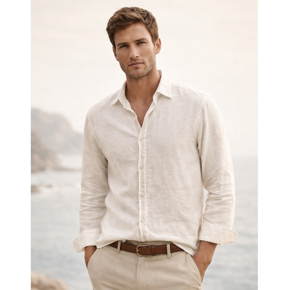 Cortigiani Men's 100%‎ Linen Long Sleeve Button Up Shirt White- Size 2XL